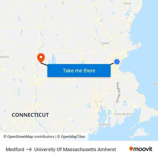 Medford to University Of Massachusetts Amherst map