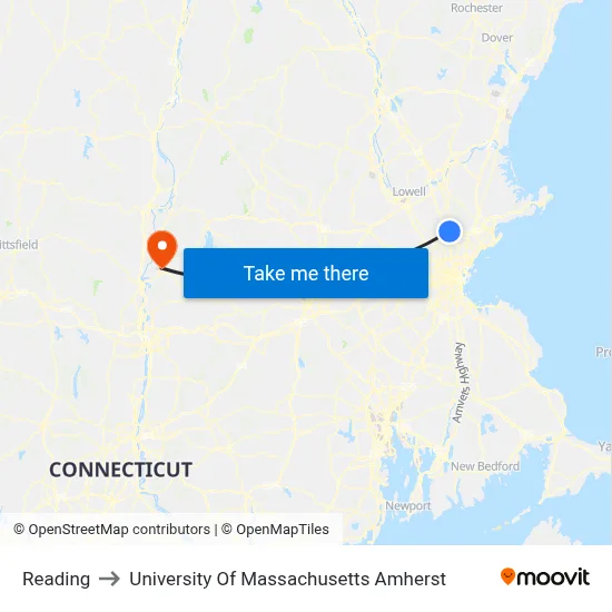 Reading to University Of Massachusetts Amherst map