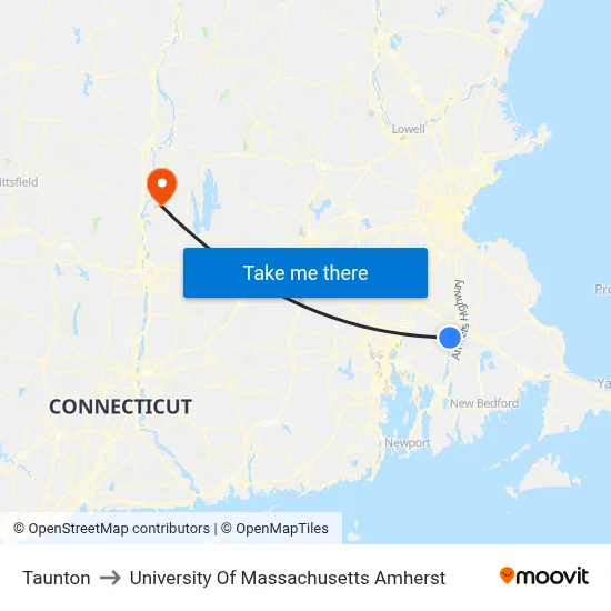 Taunton to University Of Massachusetts Amherst map