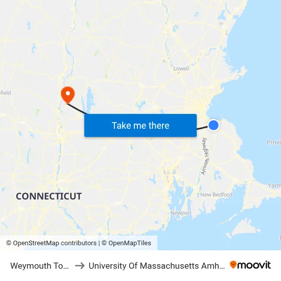 Weymouth Town to University Of Massachusetts Amherst map