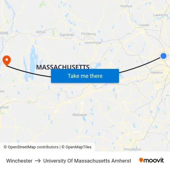 Winchester to University Of Massachusetts Amherst map
