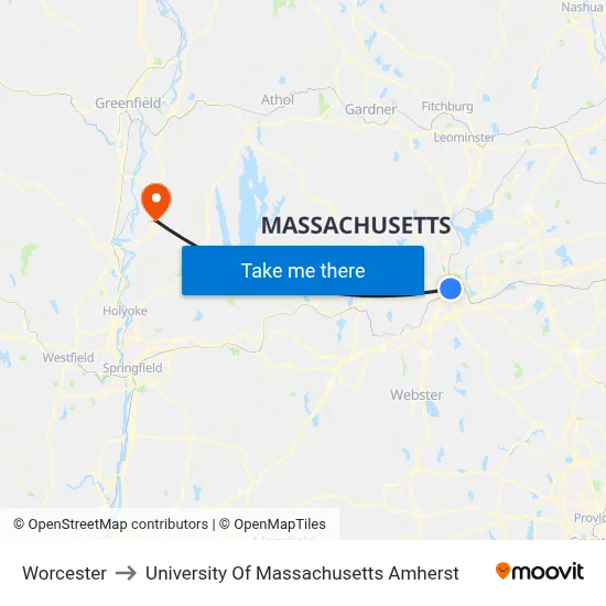 Worcester to University Of Massachusetts Amherst map