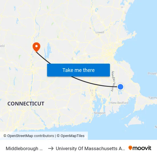 Middleborough Cente to University Of Massachusetts Amherst map