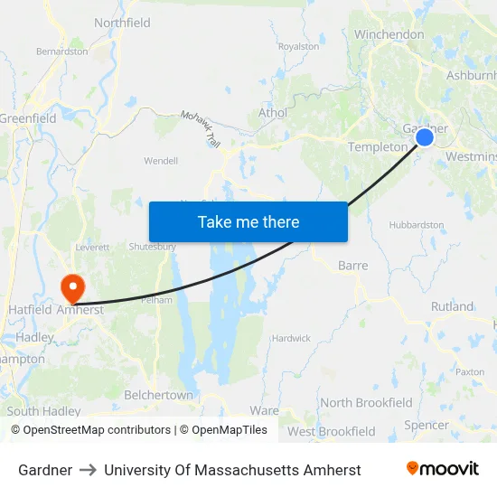 Gardner to University Of Massachusetts Amherst map
