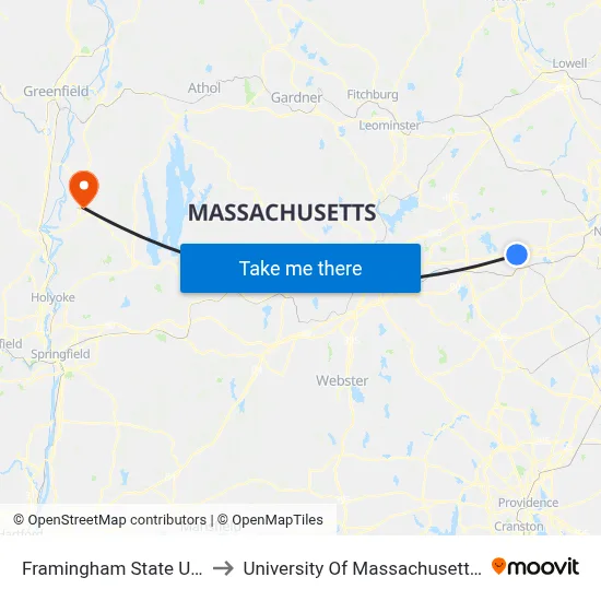 Framingham State University to University Of Massachusetts Amherst map