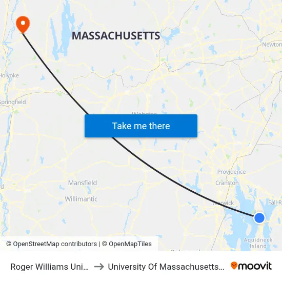 Roger Williams University to University Of Massachusetts Amherst map