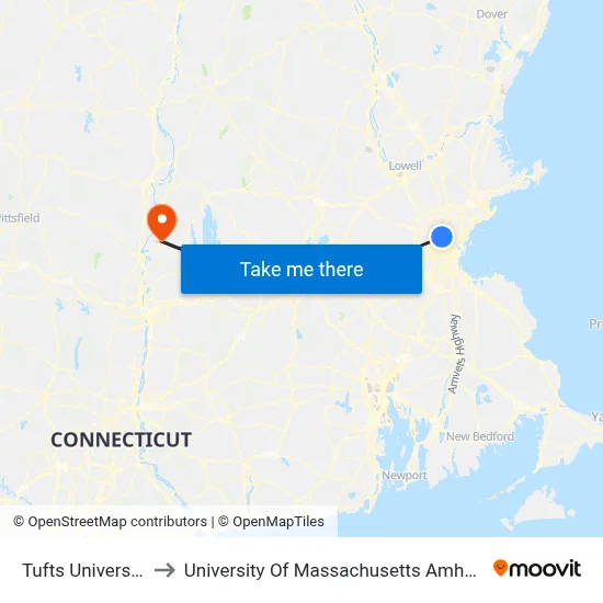 Tufts University to University Of Massachusetts Amherst map