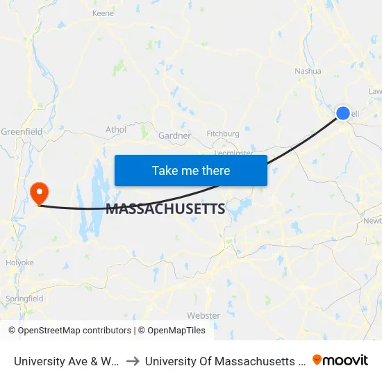 University Ave & White St to University Of Massachusetts Amherst map