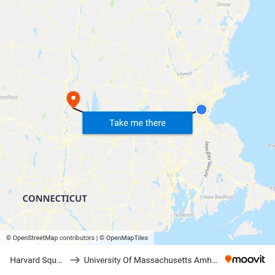 Harvard Square to University Of Massachusetts Amherst map