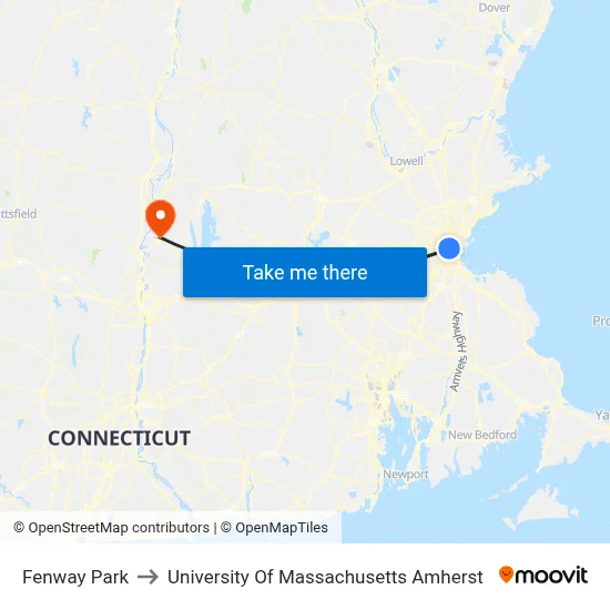 Fenway Park to University Of Massachusetts Amherst map