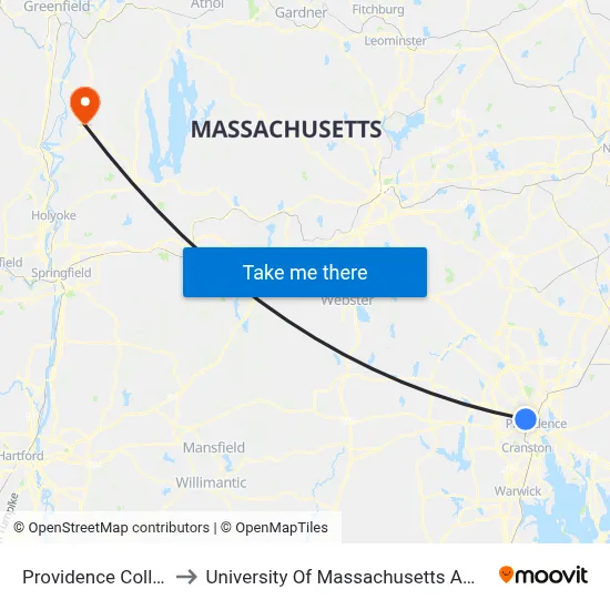 Providence College to University Of Massachusetts Amherst map