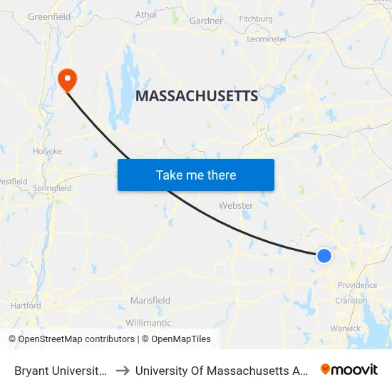 Bryant University AV to University Of Massachusetts Amherst map