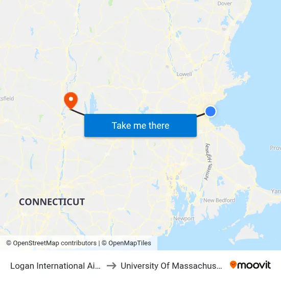 Logan International Airport (BOS) to University Of Massachusetts Amherst map