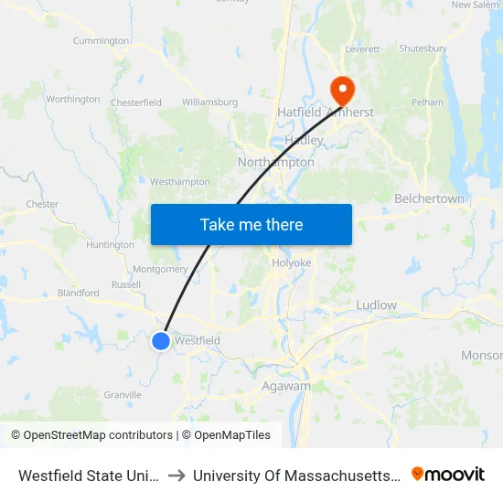 Westfield State University to University Of Massachusetts Amherst map