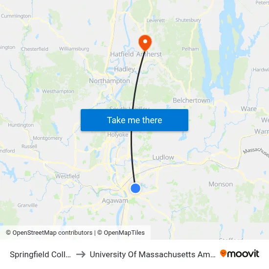 Springfield College to University Of Massachusetts Amherst map