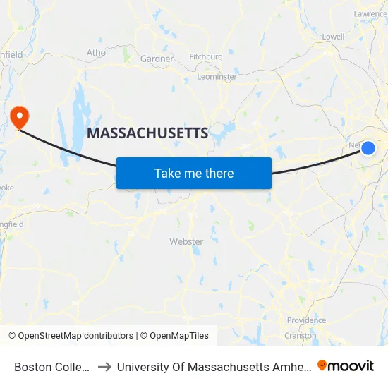 Boston College to University Of Massachusetts Amherst map