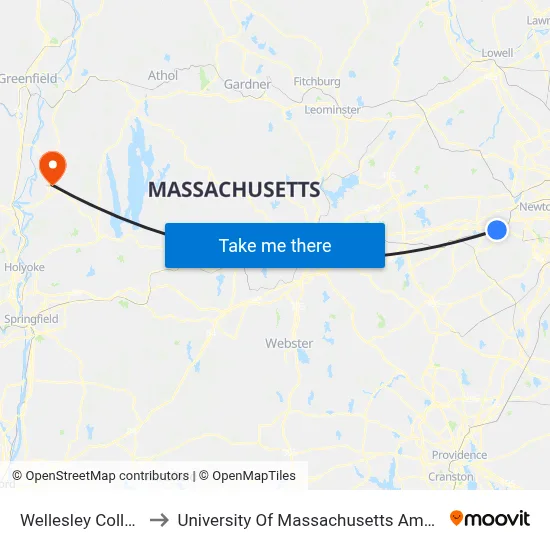 Wellesley College, 106 Central St to University Of Massachusetts Amherst map