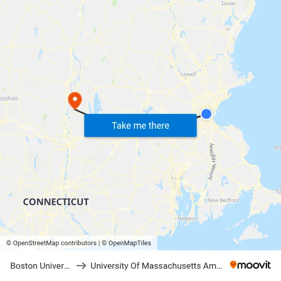 Boston University to University Of Massachusetts Amherst map