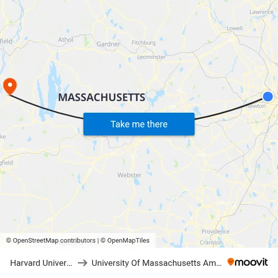 Harvard University to University Of Massachusetts Amherst map