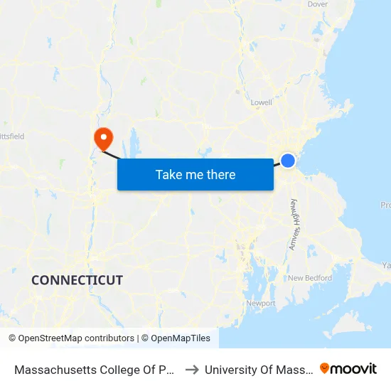 Massachusetts College Of Pharmacy And Health Science to University Of Massachusetts Amherst map
