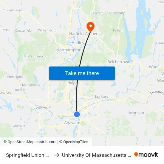 Springfield Union Station to University Of Massachusetts Amherst map