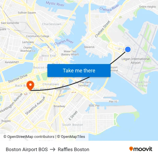 Boston Airport BOS to Raffles Boston map