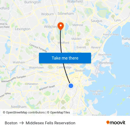 Boston to Middlesex Fells Reservation map