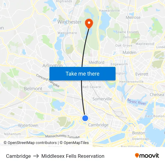 Cambridge to Middlesex Fells Reservation map