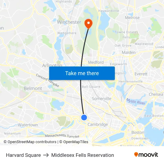 Harvard Square to Middlesex Fells Reservation map