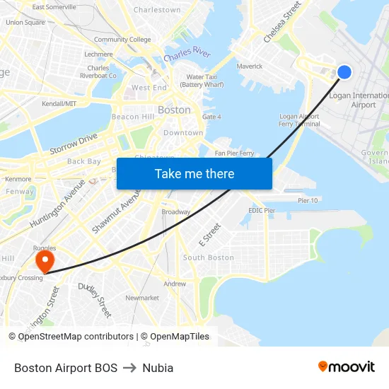 Boston Airport BOS to Nubia map