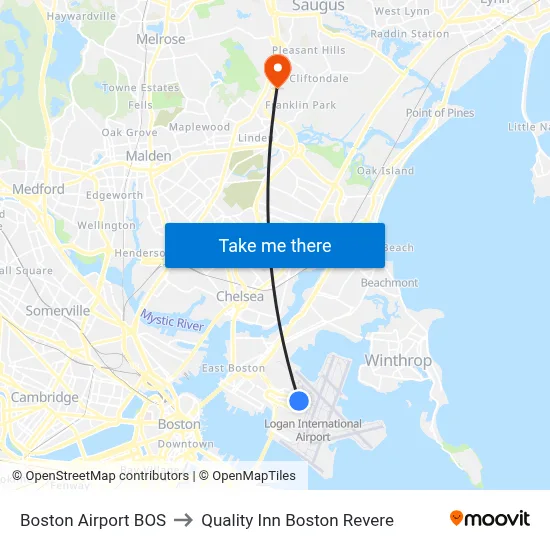 Boston Airport BOS to Quality Inn Boston Revere map