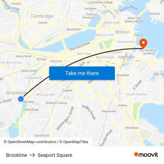 Brookline to Seaport Square map