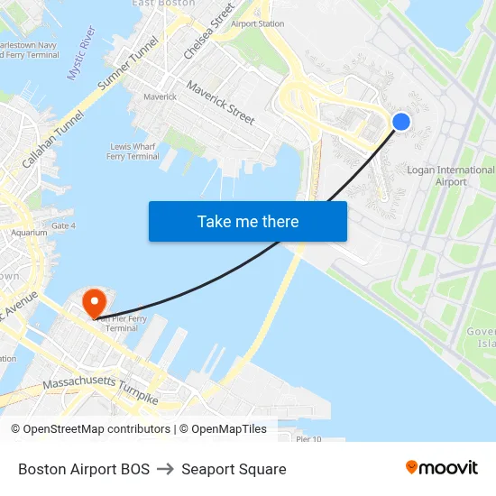 Boston Airport BOS to Seaport Square map