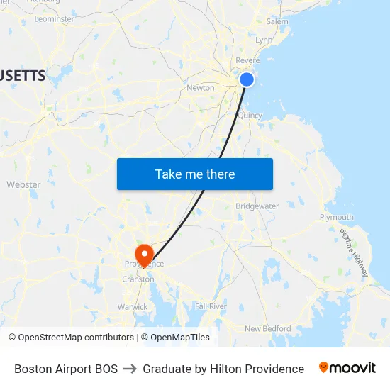 Boston Airport BOS to Graduate by Hilton Providence map