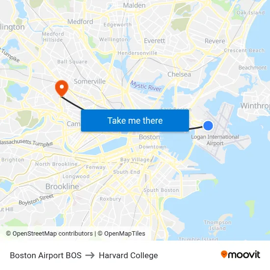 Boston Airport BOS to Harvard College map