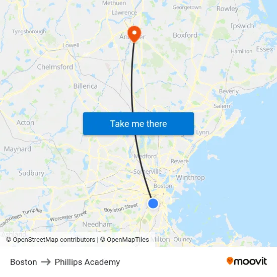 Boston to Phillips Academy map