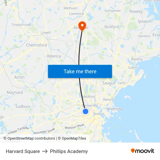 Harvard Square to Phillips Academy map