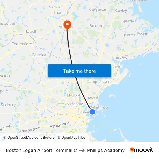 Boston Logan Airport Terminal C to Phillips Academy map
