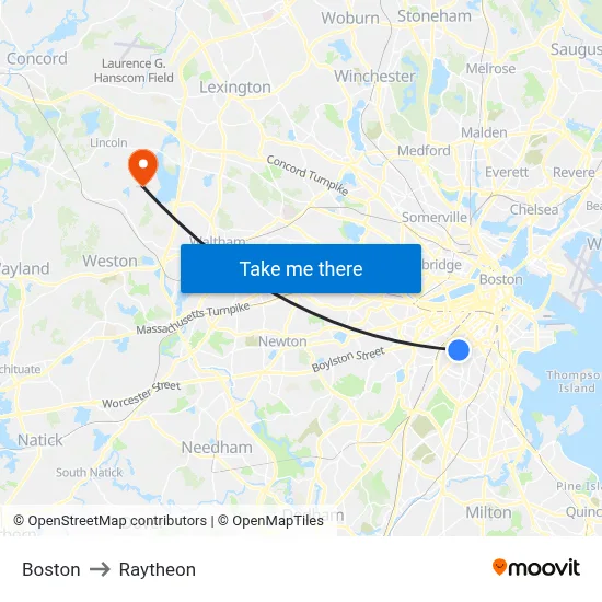 Boston to Raytheon map