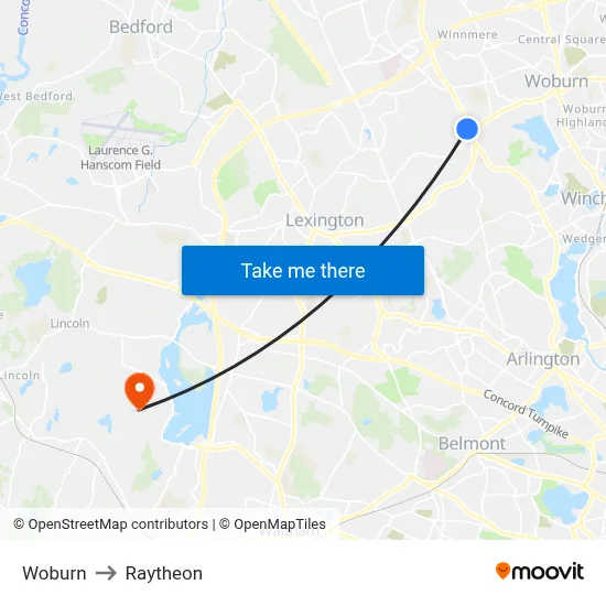 Woburn to Raytheon map