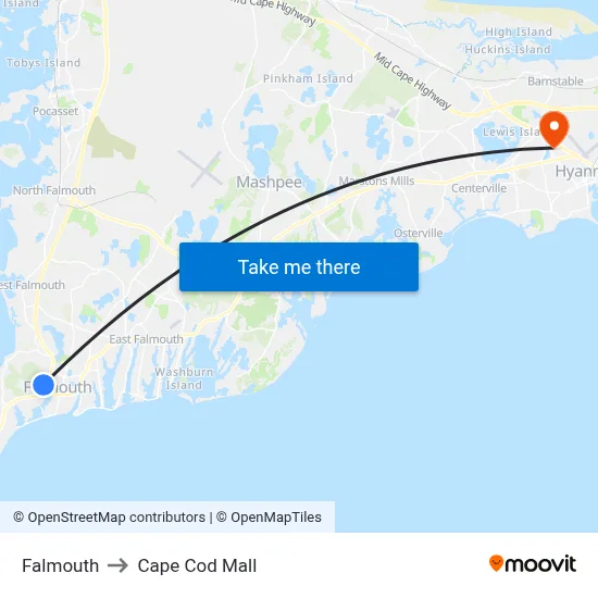 Falmouth to Cape Cod Mall map