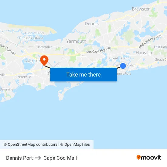 Dennis Port to Cape Cod Mall map