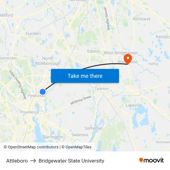 Attleboro to Bridgewater State University map