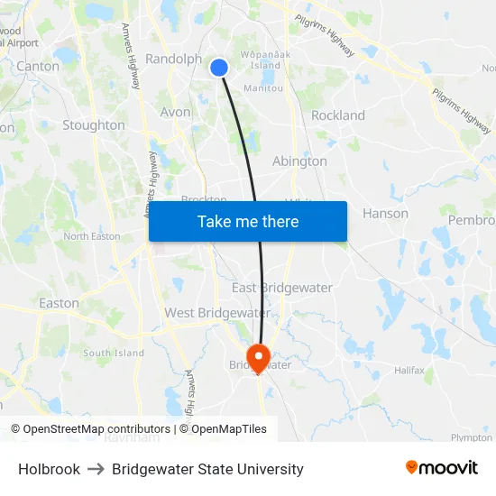Holbrook to Bridgewater State University map
