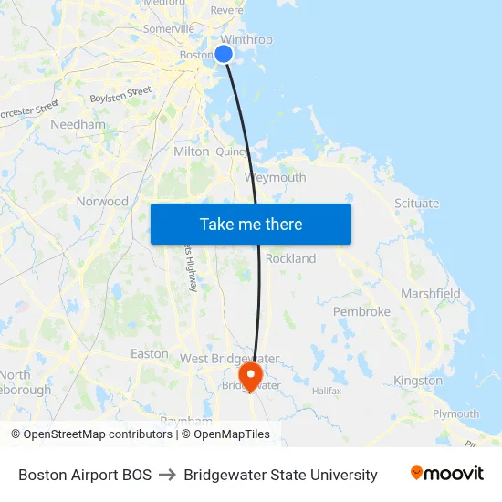 Boston Airport BOS to Bridgewater State University map