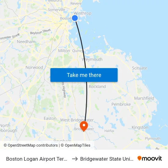 Boston Logan Airport Terminal C to Bridgewater State University map