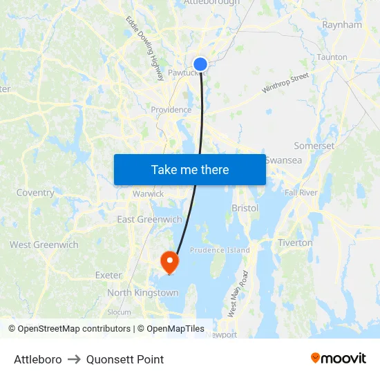 Attleboro to Quonsett Point map