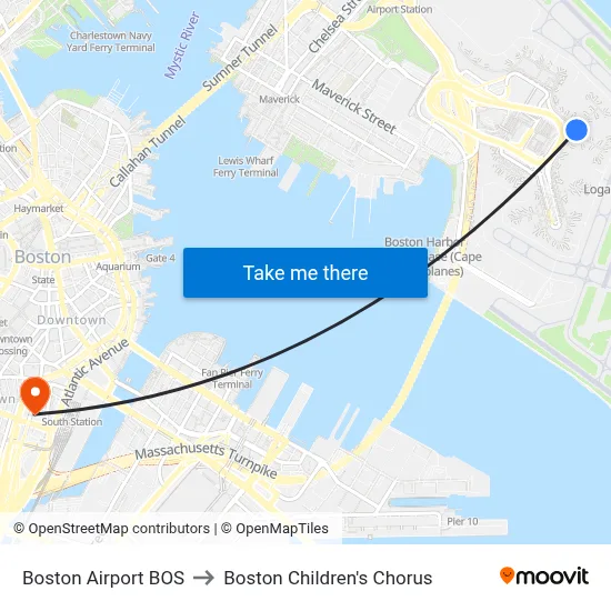 Boston Airport BOS to Boston Children's Chorus map