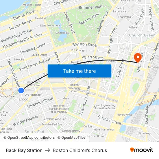Back Bay Station to Boston Children's Chorus map
