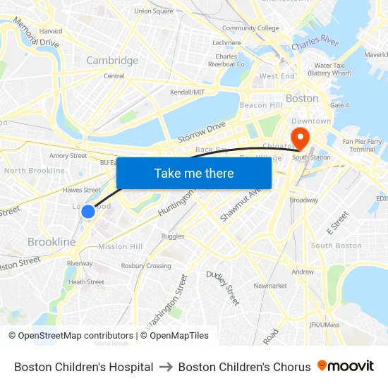 Boston Children's Hospital to Boston Children's Chorus map